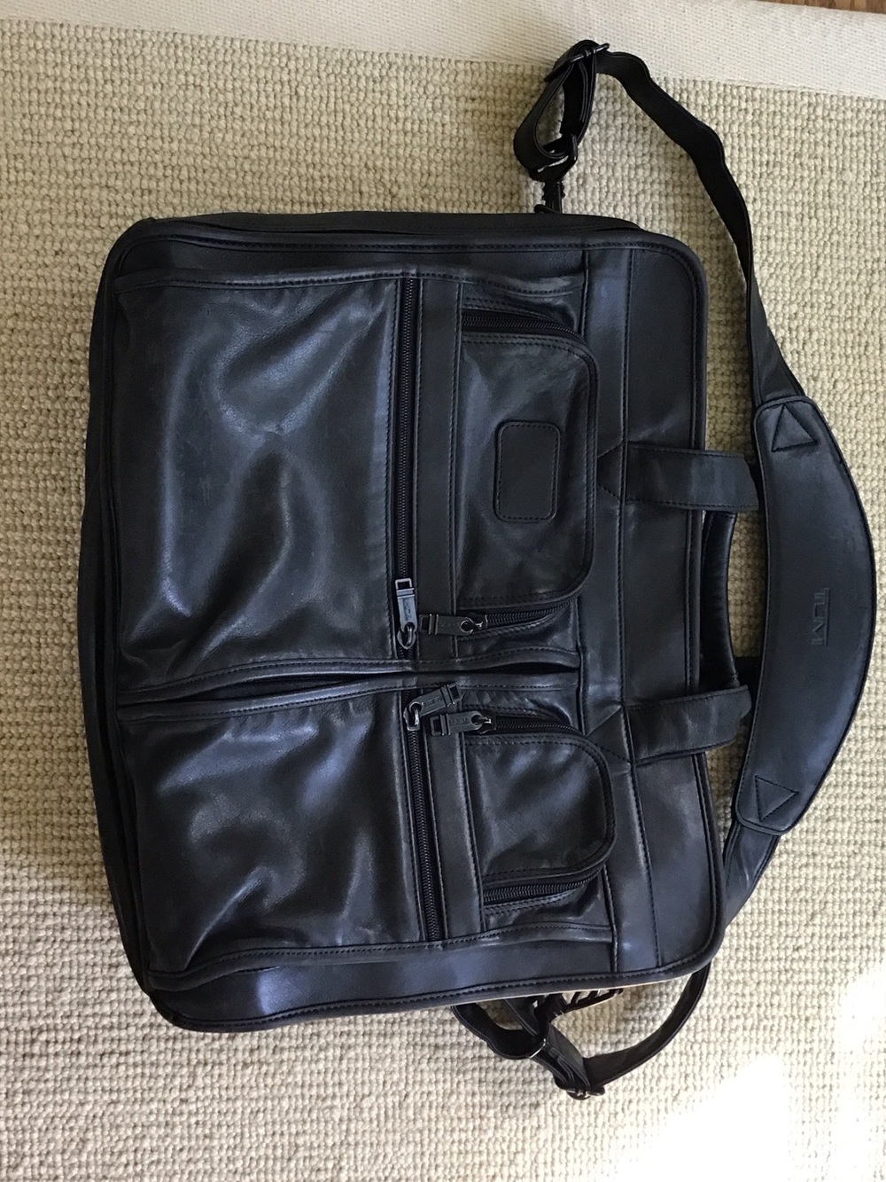 Tumi Black Leather Briefcase with Multiple Front Pockets